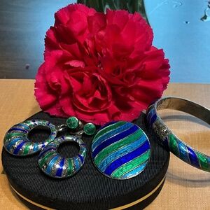 Siam Sterling Nautical Green and Blue Striped Enamel SET of 3!    *RARE*